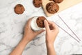 Woman with tasty chocolate chip cookies Royalty Free Stock Photo