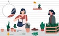 Woman teach her friend to take good care of indoor plants. Gardening planter and potted cactus