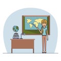 Woman teacher with blonded ponytail on classroom with desk with stack of books and chalkboard with world map Royalty Free Stock Photo