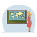 Woman teacher with blonded short hair on classroom with chalkboard with world map Royalty Free Stock Photo