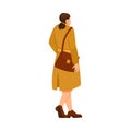 Woman Teacher Character in Coat with Bag on Shoulder Walking Back View Vector Illustration