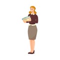 Woman Teacher Character Standing with Pile of Books Vector Illustration