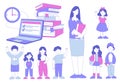 Woman Teacher and Children with Books and Laptop Standing and Greeting Vector Set