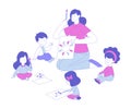 Woman Teacher and Children Painting and Drawing Sitting on the Floor Vector Illustration