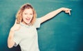 Woman teacher in front of chalkboard. Teacher explain hard topic. Good teacher master of simplification. Important Royalty Free Stock Photo