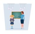Woman teacher, girl with pointer near blackboard, with small kid.