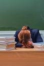 The woman teacher put her head in hands and cries at the blackboard. School teacher in stress sitting at a desk with books Royalty Free Stock Photo