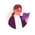 Woman teacher reading book, head portrait. Female student face in glasses, user profile. Smart lawyer, expert in Royalty Free Stock Photo