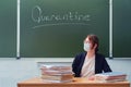 Woman teacher sitting in a medical mask at a desk against blackboard with the text Royalty Free Stock Photo