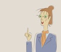 Woman teacher in strict suit and glasses raised her finger, calls for attention vector illustration