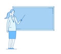 Woman teacher. Young female professor teaching at blackboard in classroom school education vector line flat concept