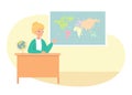 Woman teaching geography lesson in class. Teacher in education vector illustration. Young woman sitting at desk