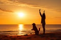 Woman Teaching Her Dog on the Seashore.