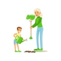 Woman Teaching Kid To Plant The Tree , Contributing Into Environment Preservation By Using Eco-Friendly Ways