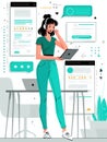 Woman in Teal Outfit Engaged in Online Customer Support With Headset and Tablet Surrounded by Digital Feedback and Chat Royalty Free Stock Photo