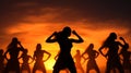 woman team dancing silhouette on sun background generative ai Royalty Free Stock Photo