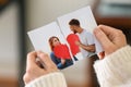 Woman tearing up photo of happy couple, closeup. Concept of divorce