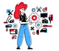 Woman technician engineer repairing household appliances, repairman service vector outline illustration, engineer fixing and