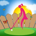 Woman Teeing Off Shows Golf Course And Ball Royalty Free Stock Photo