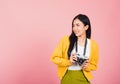 Woman teen excited smiling holding vintage photo camera Royalty Free Stock Photo