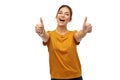 Woman or teenage girl in t-shirt showing thumbs up Royalty Free Stock Photo