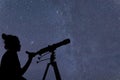 Woman with telescope watching the stars. Stargazing woman and ni