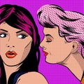 Woman telling secrets, gossiping girls pop art retro style illustration