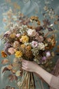 A woman tender grasp on a bouquet of dried flowers