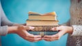 a woman tenderly cradle a towering stack of books against a soft, light blue background, each book, AI generated Royalty Free Stock Photo