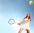 Woman tennis player with racket during a match game, isolated Royalty Free Stock Photo