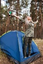 Woman tent relaxation unity nature concept.