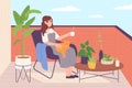 Woman on terrace. Alone girl relax on home terrace or balcone with house garden plant and cat, hygge rest at hotel