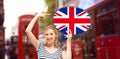 Woman with text bubble of british flag in london Royalty Free Stock Photo