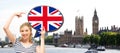 Woman with text bubble of british flag in london Royalty Free Stock Photo