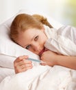 Woman with thermometer sick colds, flu, fever in bed Royalty Free Stock Photo