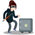 Woman Thief with crowbar and Bank safe. Breaking and stealing money