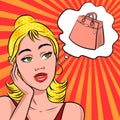 Woman thinking of buying new handbag, pop art retro comic style illustration. Blonde girl dreaming of pink shoulder bag eps10