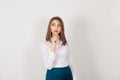 Woman, thinking daydreaming deeply about something, looking to side, isolated on white background. Human facial expressions, Royalty Free Stock Photo