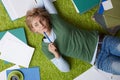 Woman thinking on floor Royalty Free Stock Photo