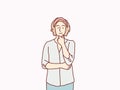 Woman thinking hand on chin confused curious about something simple korean style illustration