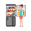 Woman thinking snacking at fridge with unhealthy food. People eating at night diet vector concept