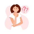 Woman thinks. Question. Girl thinking concept. Girl solves a problem. Cartoon thinking woman with question marks. Vector