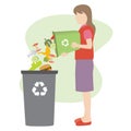 Woman throw organic garbage away in container