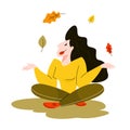 Woman throwing autumn leaves. Young person have fun.
