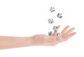 Woman throwing dice on white background, closeup Royalty Free Stock Photo