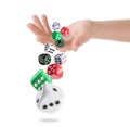 Woman throwing dice on white background, closeup Royalty Free Stock Photo