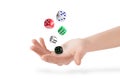 Woman throwing dice on white background, closeup Royalty Free Stock Photo