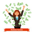 Woman throwing green dollar cash money in the air