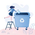 Woman throwing plastic garbage in the big trash can. Recycling concept. Female character Royalty Free Stock Photo
