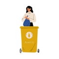 Woman Throwing Plastic Waste into Garbage Container, Girl Sorting Waste for Further Processing Vector Illustration Royalty Free Stock Photo
